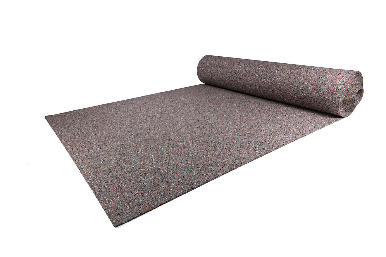 Rolled grey rubber mat “REGUPOL resist solid fire” on a white background